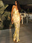 Gloria | Women’s Gold Foil Satin Maxi Dress with Straps