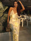 Gloria | Women’s Gold Foil Satin Maxi Dress with Straps